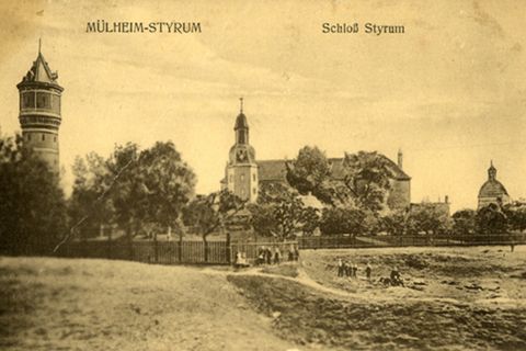 Historische Zeichnung vom Schloss und Wasserturm in Mülheim Styrum